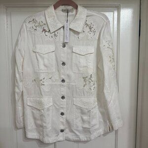 New w Tags $440Alice + Olivia Charline White MilitaryJacket Floral Embroidered M